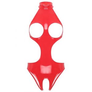 iiniim Femme Lingerie Sexy BodyString Seins Ouvert Justaucorps Bodysuit Cuir Verni Wetlook Jumpsuit Coquine Catsuit Clubwear S-5XL Rouge J M (yunduantong, neuf)