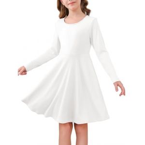 Haloumoning Robe pour fille &agrave; manches longues et col rond - Robe d&eacute;contract&eacute;e - Ligne A - &Eacute;l&eacute;gante - Couleur unie - Robe midi festive - Mariage - Robe pour enfants de 5 &agrave; 14 ans, Blanc., 13-14 ans (Zecio, neuf)