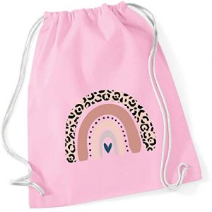 Sac de gym pour enfant en coton avec arc-en-ciel en rose | Motif LEO pour fille | Sac à dos en tissu à tirer avec cordon, Rose (minimutz, neuf)