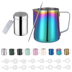 Zuquik Pot &agrave; Lait Barista en Acier Inoxydable de 350 ml Avec Mesure Mark 12oz, Pot &agrave; Mousse de Lait avec Saupoudreur de Cacao, 16 Pochoirs et Stylo pour Cappuccino et Expresso,Vieux Rose (ACE Fac, neuf)