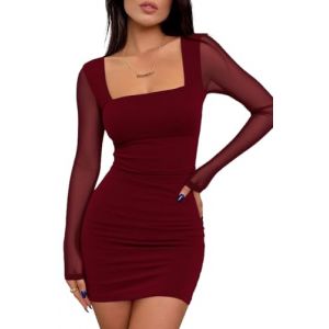 ELFIN Robe Moulante en Maille &agrave; Manches Longues pour Femme Sexy Col carr&eacute; Volants Robes Crayon Mini Tube de Club Dress Cocktail (XUDAO-EU, neuf)