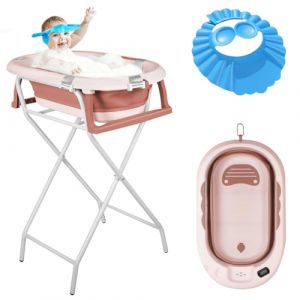 OHMG Baignoire bebe avec Support 85cm，Baignoire Pliable B&eacute;b&eacute; sur Pied，S&eacute;curis&eacute;e et Confortable Bassine Pliable Bebe avec Thermom&egrave;tre et Coussin de bain，Baignoire b&eacute;b&eacute; pliante (jusiZL, neuf)
