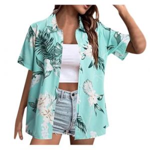 Chemise Hawaienne Femme, Shirt Boutonn&eacute; Tenue Hawaienne Femme Chemise Col &agrave; Revers D'&eacute;t&eacute; &agrave; Manches Courtes Blouse Imprim&eacute; Fleuri Cardigan &agrave; Boutons D&eacute;contract&eacute;es Vacances Tops de Plage Chemisier (DoraHe, neuf)