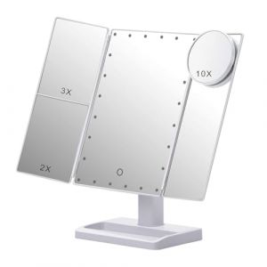 Cpolebev Miroir de Maquillage à Trois Volets avec 22 LumièRes LED, Grossissement 10X / 3X / 2X Miroir CosméTique de Bureau de Table éClairé Portable, Blanc (Tingfatedianzi, neuf)