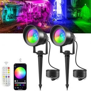T-SUN 2 en 1 &Eacute;clairage de Jardin LED RGB avec Application Bluetooth et T&eacute;l&eacute;commande, &Eacute;tanche IP65 RGB Spot LED Ext&eacute;rieur avec 1.5M Plug 16M Couleur Lampe pour Jardin, Cour, Arbres, Halloween, No&euml;l (T-SUNLED, neuf)