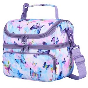 Kasgo Sac Isotherme Repas Enfant, 2 Compartiments 7,5L Grand Sac Isotherme Enfant Fille Lunch D&eacute;jeuner avec Anse Bandouli&egrave;re Amovible pour &Eacute;cole Pique-nique Voyage Papillon (KASGOSHOP, neuf)