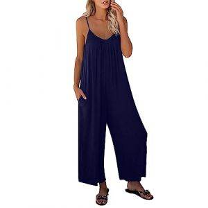 Combinaison Jambe Large Femme Fluide Salopette ete Sans Manches Décontractée Jumpsuit avec Poche Combinaison Pantalon Mode Combinaison D'été pour Femme Pantalon à Bretelles Élégant (NiceYear, neuf)