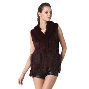 KAISHIN Mode R&eacute;el Tricot&eacute; Gilets De Fourrure De Lapin pour Femmes Casual Col De Fourrure De Raton Laveur Col Manteau Sans Manches (Vin rouge, FR 40-42 Taille) (KAISHIN, neuf)