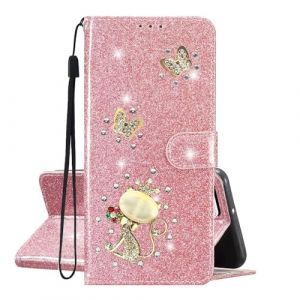 SEHEYA Coque Brillante pour Samsung Galaxy S7 Edge &Eacute;tui &agrave; Rabat Cuir PU Glitter Portefeuille Paillettes Diamants Chat Papillon Housse Magn&eacute;tique Folio Case Femme, Or Rose (SEEYA, neuf)