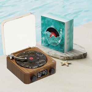 Haut-parleur vinyle Waves, Haut-parleur vinyle Bluetooth vintage Waves avec lumi&egrave;res d'ambiance r&eacute;glables, Lecteur vinyle sans fil avec horloge pour la chambre, le bureau, la f&ecirc;te (Bois) (YueRun, neuf)