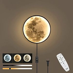 Applique Murale Lune Enfants Lampe Murale LED Dimmable avec T&eacute;l&eacute;commande, Lampe Murale avec Prise et Interrupteur de Cordon, Mode Veilleuse et Fonction de M&eacute;moire, Enfants lumi&egrave;re Murale Lune Modern (DengDeng-FBA-FR, neuf)