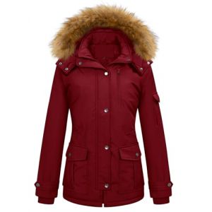 TOMEEK Manteau Femme Hiver Veste Parka Polaire Imperm&eacute;able Manteau &agrave; Capuche Chauffante &agrave; Col en Fourrure Blouson Chaud Chic et Elegant avec 5 Poches Zipp&eacute; Jacket,Vin rouge,Taille L (Pingoo, neuf)