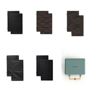 CREATE/STONE STUDIO/Appareil à croque-monsieur Vert sauge / 5 plaques interchangeables : Grill, Gaufre, Sandwich, Taiyaki et Crêpes, antiadhésif, ouverture à 100º, arrêt automatique, rétro, 800W (CREATE, neuf)