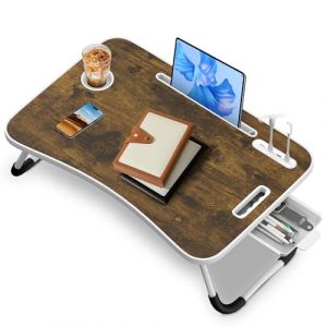 Soontrans Plateau de Lit 60x40x28 cm, Table de lit, Pliable, Support Ordinateur Portable Lit avec Tablette Support, Tiroir, Porte Gobelet, Poignée, pour Lit, Canapé, Sol, étude, Travail (Brun Foncé) (Elegant shopping center, neuf)