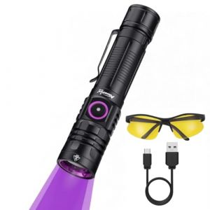 Alonefire SV143 Lampe Torche UV LED 365nm 10W USB C Rechargeable Lampe Ultraviolet Lumiere Noire D&eacute;tecteur D'urine pour Resine, P&ecirc;che, Scorpion, Min&eacute;raux, Ambre avec Lunettes de Protection UV,Batterie (Alonefire FR, neuf)
