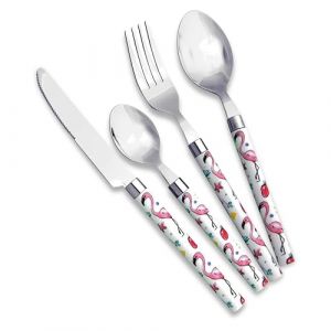 Lebrun Couverts FLAMANT ROSE - Service de table pour 6 personnes - Ménagère 24 pcs - 6 fourchettes, 6 couteaux de table, 6 cuillères à soupe, 6 cuillères à café Motif Flamant Rose - Marque Française (Lebrun, neuf)