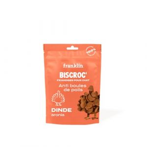 FRANKLIN &ndash; Friandise pour Chat Dinde &ndash; Biscroc&rsquo; Anti Boules de Poils Chat &ndash; sans C&eacute;r&eacute;ales &ndash; Riches en Fibres, Prot&eacute;ines et Om&eacute;ga 3 &ndash; Tout &Acirc;ge &ndash; 50g (Franklin Pet Food, neuf)