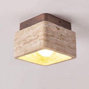 DLGLOLIN Plafonnier en Travertin Jaune Naturel Carr&eacute; Noyer Bois Lampe de Plafond Vintage Luminaire au Plafond pour Chambre Salon Cuisine Couloir (DLGLOLIN, neuf)