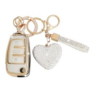 ZVRSUA Coque de Cl&eacute; de Voiture avec Porte-Cl&eacute;s Strass en Forme de C&oelig;ur Compatible avec Audi A1/A3/S3/A4/S4/RS4/A6/S6/RS6/Q3/Q5/Q7/TT/R8 Seat Exeo,&Eacute;tui de Cl&eacute; Voiture TPU,3 Boutons，Cl&eacute; pliante (Argent) (SENBAODZ, neuf)