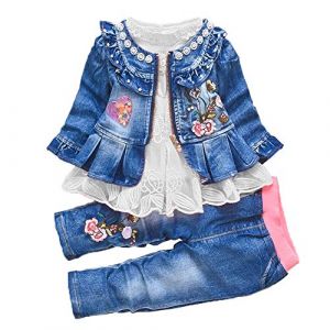 Ensemble de vêtements pour Petites Filles Printemps Automne 3 pièces T-Shirt à Manches Longues Veste en Jean et Jean (3-4 Ans, Blanc) (LittleWish, neuf)
