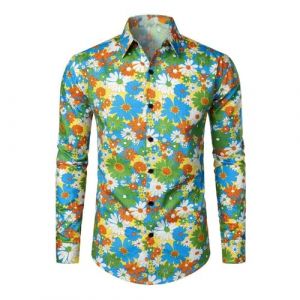 Sweat-shirt hippie pour homme ann&eacute;es 70 - Chemise hawa&iuml;enne &agrave; fleurs - Chemises hawa&iuml;ennes - Disco - Hip Hop - Chemise boutonn&eacute;e &agrave; fleurs - Chemise hawa&iuml;enne vintage - Manches longues - Chemise (⭐⭐⭐⭐⭐ZIWEIMAOYI, neuf)
