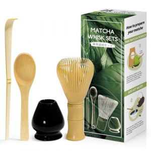 4 Pièces Matcha kit ceremonie japonais, Jaune Fouet en Résine Chasen, Cuillère en bambou, pelle en bambou, Porte-Fouet, Coffret matcha pour la cérémonie du thé, la boisson - Noir brillant (HUAN Shop, neuf)