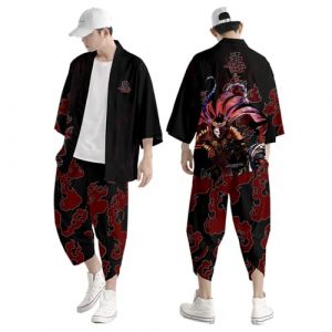 YOSUWOAI Ensemble Kimono Traditionnel Homme Kimono D&eacute;contract&eacute; Yukata Costume Style Japonais Anime Kimono Traditionnel Imprim&eacute; Cardigan Pantalons Ensembles Veste Fine Veste Japonaise En Maille Costume (LDeianp, neuf)