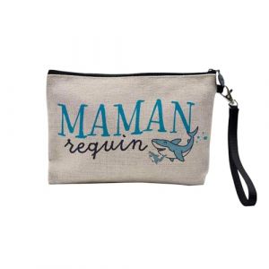 Pochette en Lin - Maman Requin Famille Mignon Animal - Trousse Maquillage en Toile Aspect Lin - Trousse de Toilette - 23,5 x15 cm (FabulousBOUTIK, neuf)