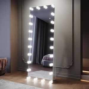 SIRHONA Miroir sur Pied LED 160x60cm, Miroir Pleine Longueur avec 26 Ampoules Détachables 3 Couleurs, Dimmable, Mémoire, Port USB, Montage Accrocher ou Placer, Antichute (ELLIPSE sanitaire, neuf)