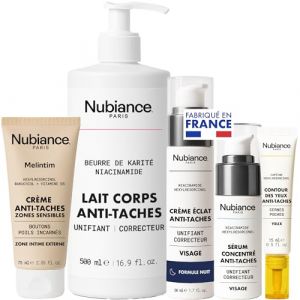 NUBIANCE - Coffret Soin Anti-Taches Peau Noire et Métissée - Lait Corps Unifiant, Crème Intime, Crème Nuit, Sérum Visage, Soin Contour des Yeux - Éclat & Hydratation Visage et Corps (Nubiance, neuf)