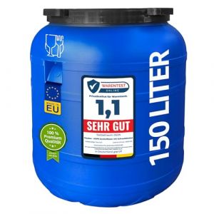 plasteo® Fût à col large de 150 litres avec couvercle à visser - En plastique universel - Convient à un usage alimentaire - Avec poignées stables - Bleu (wilai GmbH, neuf)