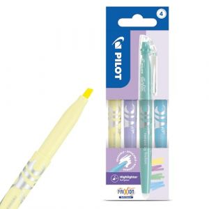 Pilot FriXion Light Soft Lot de 4 surligneurs effa&ccedil;ables Bleu pastel, Vert, Jaune et Violet Encre thermosensible sans bavure D&eacute;bit lisse Pointe biseaut&eacute;e 4 mm avec clip pour journal intime notes (DLM Direct FR, neuf)