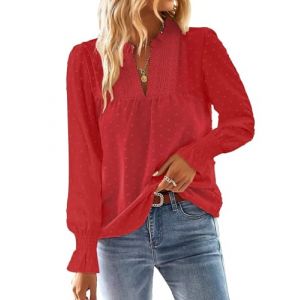 TUUHAW Chemise Femme Chic et &Eacute;l&eacute;gant Automne Grande Taille Manches Longues Boh&egrave;me Top Col en V Manche &agrave; Volants Dentelle Haut T-Shirts &agrave; Point Suisse D&eacute;contract&eacute; Fluide Tunique Rouge XXL (TROFANO, neuf)