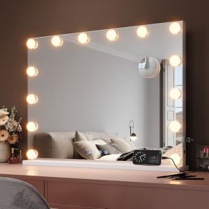 SIRHONA Miroir Maquilleur avec Bluetooth, Miroir Coiffeuse avec éclairage 3 Couleurs Dimmable, Miroir Maquillage Lumineux avec 14 Ampoules, LED Miroir Hollywood avec Port USB (ELLIPSE sanitaire, neuf)