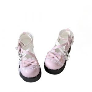 Chaussures &agrave; plateforme Mary Jane &agrave; bout rond et talon &eacute;pais pour filles chaussures de soir&eacute;e mignonnes en dentelle blanche avec n&oelig;ud d&eacute;coratif (Rose,38) (Conghuakeji, neuf)