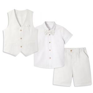 LOLANTA 4 pièces Costume Garcon Mariage Ete, Tenue Enfant Garcon Ceremonie, Vêtement Baptême Anniversaire Garçon Page, Ensemble Costume Short Lin Gile Chemise avec nœud Papillon, Blanc, 11-12 ans, 160 (LOLANTA, neuf)