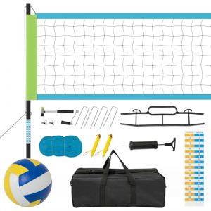 GOPLUS Filet de Volleyball Exterieur Piscine Réglable en Hauteur, Kit de Volley Complet avec Poteaux en Métal, Volleyball, Sac de Transport, Professionnel pour Plage, Parc, 9,75 m x 0,9 m (Vert) (Augenstern24, neuf)