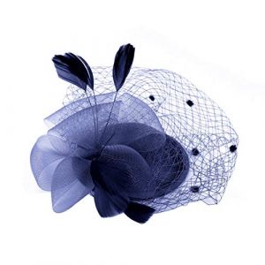 Chapeau bibi pour femme - En maille - Accessoire de cheveux pour femme et fille - Plumes et fleurs - Bandeau &eacute;l&eacute;gant et classique - Pour mariage - Pour l'&eacute;glise - Bleu marine - Taille unique (jksmyx, neuf)