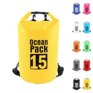 15L Sac &eacute;tanche Polyvalent, 2L/5L/10L/15L/20L/30L Jaune Waterproof Dry Bag avec Longue Bandouli&egrave;re R&eacute;glable Sac &agrave; Dos Confort Imperm&eacute;able pour Bateau/Kayak/P&ecirc;che/Rafting/Natation/Camping/Snowboard (MUDAMUDA Store, neuf)