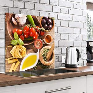 murando - Crédence Verre Cuisine 60x60 cm - Plaque Anti-Projection - Couvercle Anti-éclaboussures crédence - Plaque en Verre trempé - Épices Légumes Pâtes Olive Ail j-B-0052-aq-a (murando, neuf)