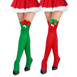 Kiiwah 2 Paires Chaussettes Hautes de Noël Femme, Bas de Noel Grande Chaussettes Montantes Collant Lutin pour Fête Cosplay (Nœud) (Hommite, neuf)