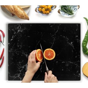 Grande planche à découper en verre 50 x 40 cm : protection de plan de travail en verre pour cuisine, durable, hygiénique, résistante aux rayures, résistante à la chaleur, motif marbre noir (Kitchenville Home & Kitchen, neuf)