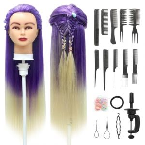Tete a Coiffer, 28 inch 100% de Cheveux Synthétiques Têtes d'exercice Tête À Coiffer Coiffure Cosmétologie tete a coiffer professionnelle Poupée avec Support + Ensemble de Tresse (Violet blanc) (Guangzhouxinfeifazhipinmaoyiyouxiangongsi, neuf)