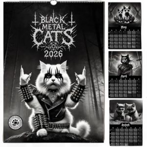 Black Metal Cats 2026 &ndash; Calendrier mural 2026, 12 mois, style gothique, chat artistique, planificateur mensuel, reliure &agrave; spirale, m&eacute;taux lourds C &agrave; illustration, calendrier pour les amateurs de Ca t (ZSPGE, neuf)
