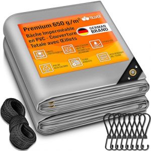 tillvex&reg; B&acirc;che de Protection avec Oeillets + 10 Crochets et Corde de 15 m - B&acirc;che en Tissu 650 g/m&sup2; imperm&eacute;able et ind&eacute;chirable - B&acirc;che PVC Universelle Exterieur, Camion, Piscine, Meubles de Jardin (DWD-Company, neuf)