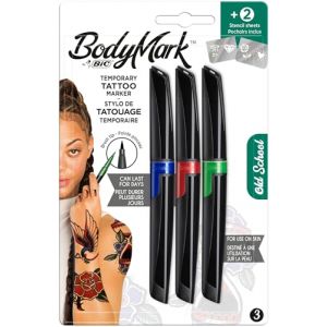 BodyMark by BIC Stylos de Tatouage Temporaire et Pochoirs Love' N' Roll Kit - Couleurs Assorties Blister de 3+2 (lalp13012, neuf)