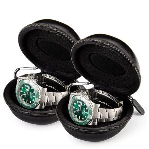 HELMDY Boîte Montre Voyage,Montre Fermeture à Glissière Étui,avec Mousqueton Et Éponge,Portable Montre Ronde Boîte de Rangement,Convient à Toutes les Montres Inférieures à 50 mm (Noir-2 pièces) (SALUOKE FR, neuf)