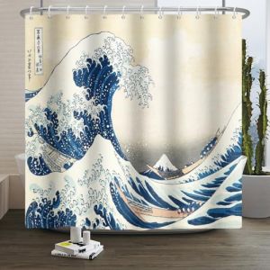 Xiaoterna Rideau de douche traditionnel japonais motif vagues de l'oc&eacute;an japonais rideau de salle de bain abstrait vague de mer bateau en bois rideau de douche lavable en tissu imperm&eacute;able d&eacute;coration (Xiaoterna Store, neuf)