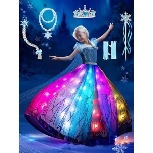 BLINGCOS Deguisement Fille, Robe Princesse Sync avec Rythme de Musique, Contr&ocirc;lable par APP, Robe Lumineuse LED RGB Kit de F&ecirc;te avec 6 Accessoires pour Halloween, No&euml;l, Carnaval, 8-9 Ans (UPOR, neuf)