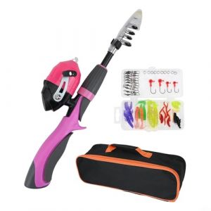 YJDOORPLAY Ensemble de canne &agrave; p&ecirc;che t&eacute;lescopique de 34 &agrave; 130 cm, canne de voyage r&eacute;tractable pour enfants, d&eacute;butants, activit&eacute;s parent-enfant, &eacute;quipement de p&ecirc;che pour sports de plein air (rose) (luckymore, neuf)